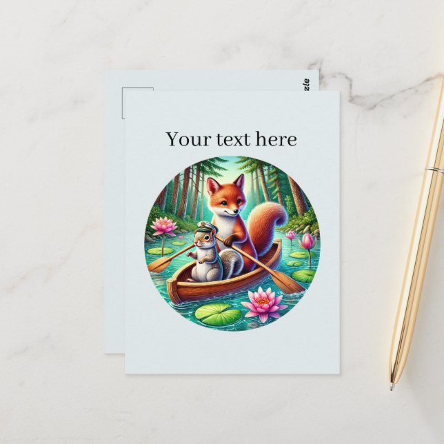 Cute customizable mixed animals canoeing postcard (Front/Back In Situ)