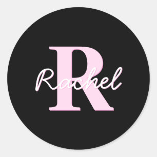 Cute Customizable Monogram   Light Pink & Black Classic Round Sticker