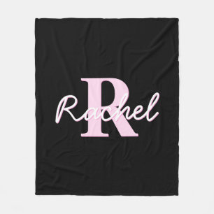 Cute Customizable Monogram Light Pink & Black Fleece Blanket