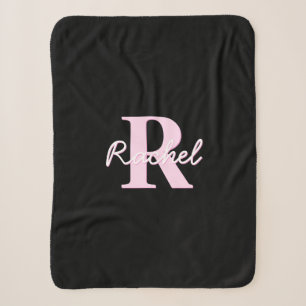 Cute Customizable Monogram Light Pink & Black Sherpa Blanket