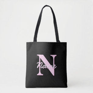 Cute Customizable Monogram Light Pink & Black Tote Bag