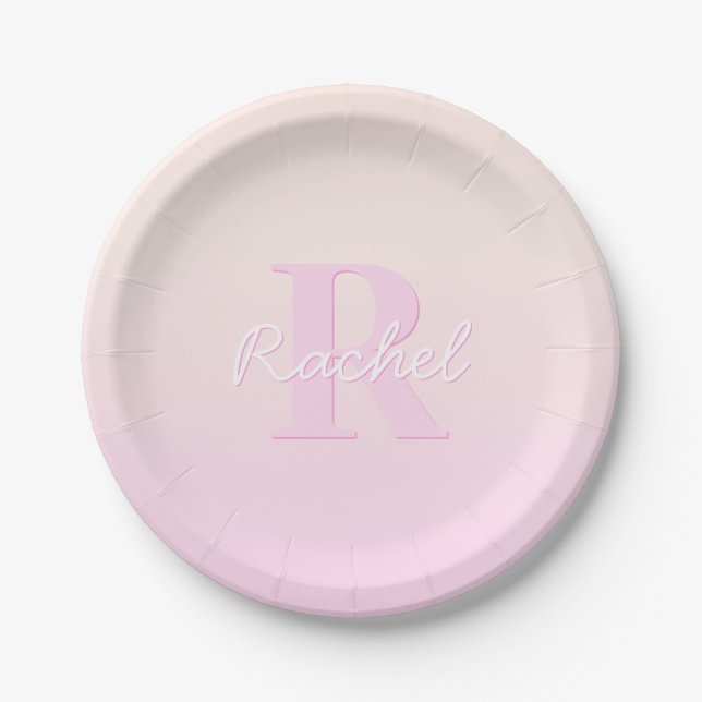 Cute Customizable Monogram | Peach & Pink Ombre Paper Plate (Front)