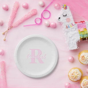 Cute Customizable Monogram Pink Ombre & Grey Paper Plate
