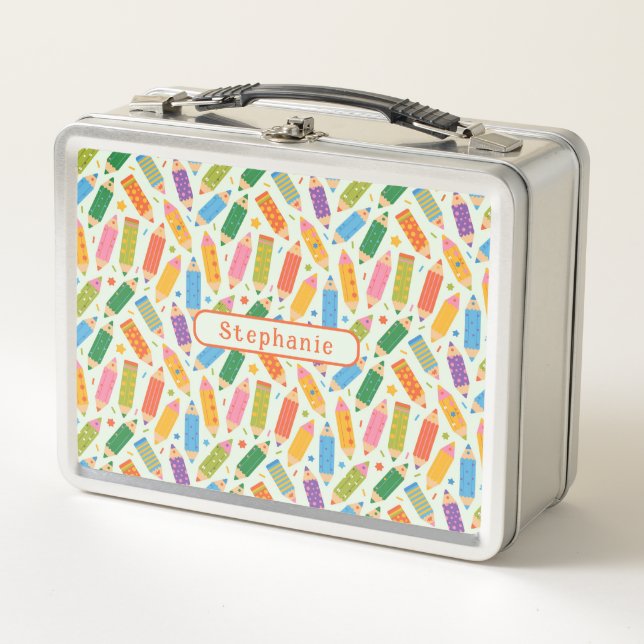Cute Customizable Pencil Print Metal Lunch Box (Front)