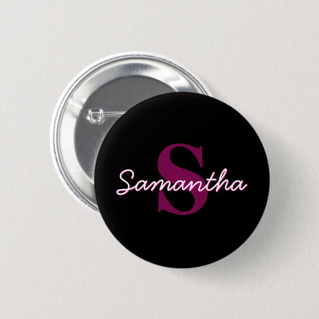 Cute Customizable Pink & Black Monogram Script 2 Inch Round Button (Front & Back)
