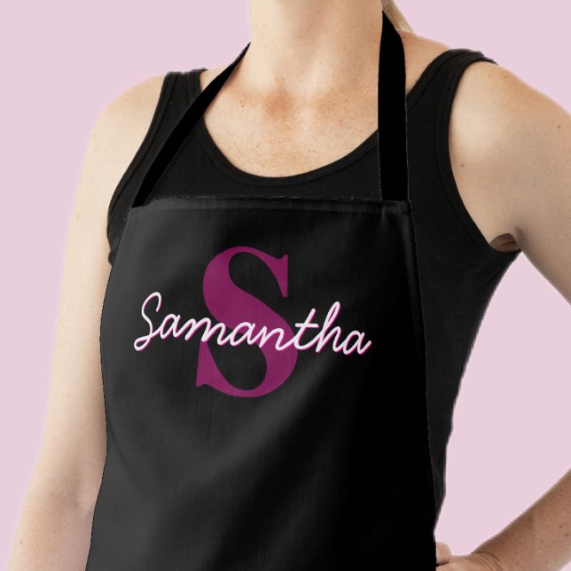 Cute Customizable Pink & Black Monogram Script Apron (Creator Uploaded)