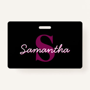 Cute Customizable Pink & Black Monogram Script Badge