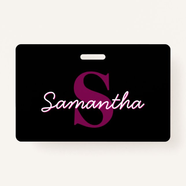Cute Customizable Pink & Black Monogram Script Badge (Front)