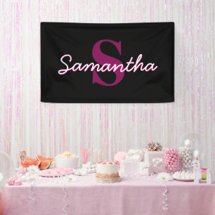 Cute Customizable Pink & Black Monogram Script Banner
