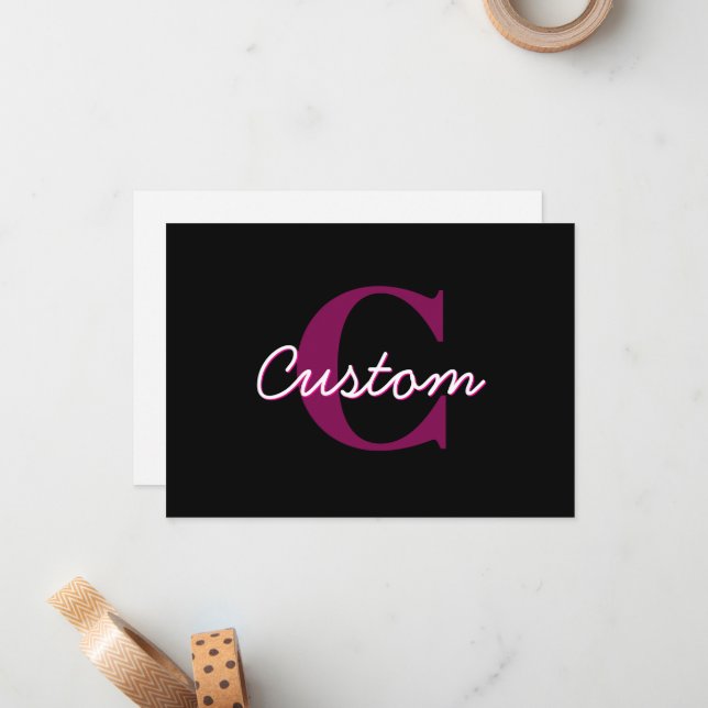 Cute Customizable Pink & Black Monogram Script Card (Front/Back In Situ)