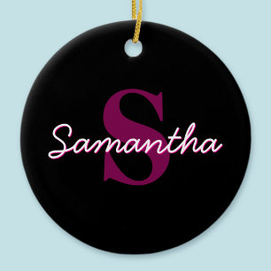 Cute Customizable Pink & Black Monogram Script Ceramic Ornament
