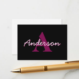 Cute Customizable Pink & Black Monogram Script Enclosure Card