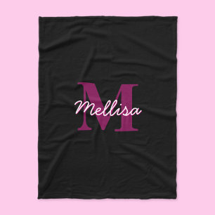 Cute Customizable Pink & Black Monogram Script Fleece Blanket