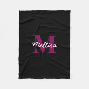 Cute Customizable Pink & Black Monogram Script Fleece Blanket