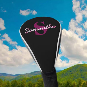 Cute Customizable Pink & Black Monogram Script Golf Head Cover