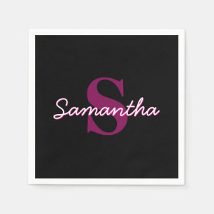 Cute Customizable Pink & Black Monogram Script Napkin