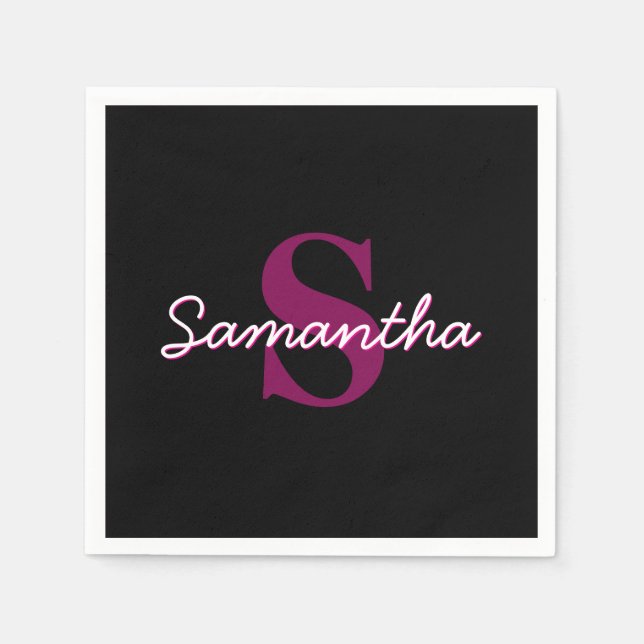Cute Customizable Pink & Black Monogram Script Napkin (Front)