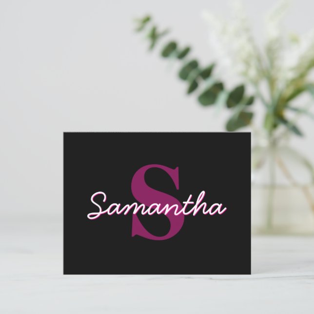 Cute Customizable Pink & Black Monogram Script Postcard (Standing Front)