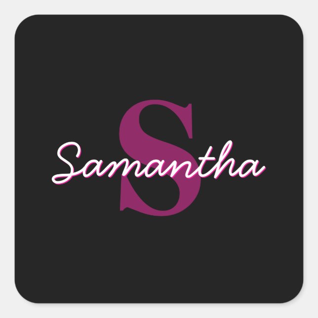 Cute Customizable Pink & Black Monogram Script Square Sticker (Front)