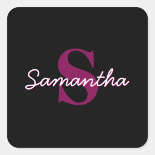 Cute Customizable Pink & Black Monogram Script Square Sticker