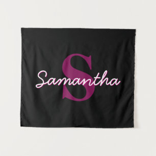 Cute Customizable Pink & Black Monogram Script Tapestry