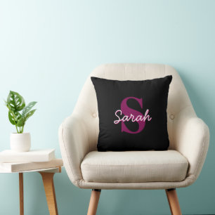 Cute Customizable Pink & Black Monogram Script Throw Pillow
