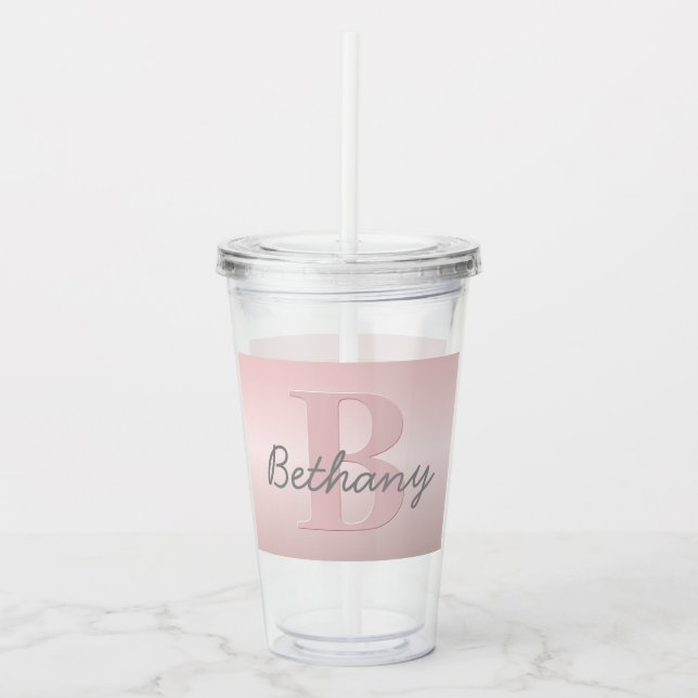 Cute Customizable Pink Monogram & Your Name Script Acrylic Tumbler (Front)