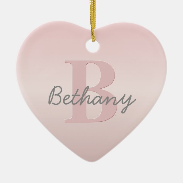 Cute Customizable Pink Monogram & Your Name Script Ceramic Ornament (Front)