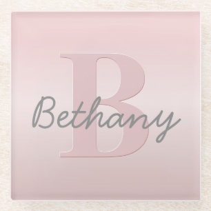 Cute Customizable Pink Monogram & Your Name Script Glass Coaster