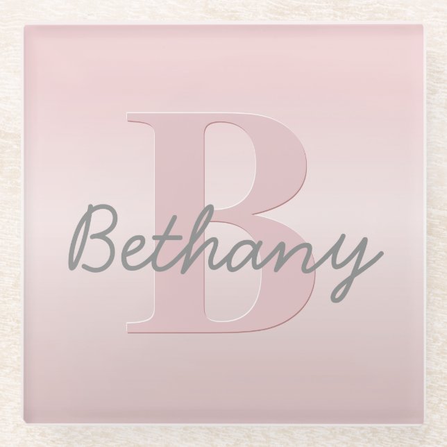 Cute Customizable Pink Monogram & Your Name Script Glass Coaster (Front)