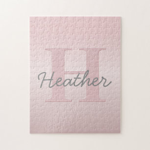Cute Customizable Pink Monogram & Your Name Script Jigsaw Puzzle