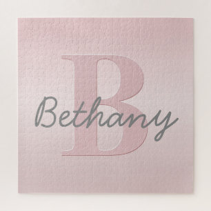 Cute Customizable Pink Monogram & Your Name Script Jigsaw Puzzle