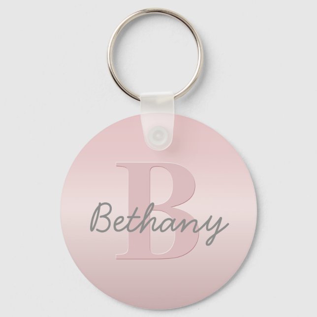 Cute Customizable Pink Monogram & Your Name Script Keychain (Front)