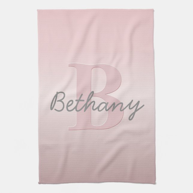 Cute Customizable Pink Monogram & Your Name Script Kitchen Towel (Vertical)