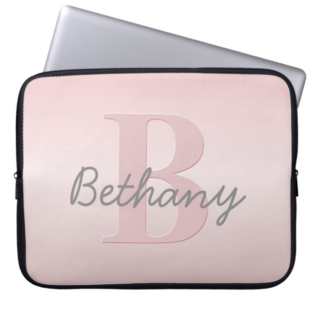 Cute Customizable Pink Monogram & Your Name Script Laptop Sleeve (Front)