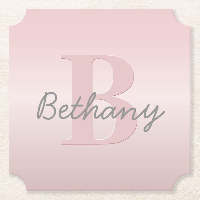 Cute Customizable Pink Monogram & Your Name Script Paper Coaster (Front)