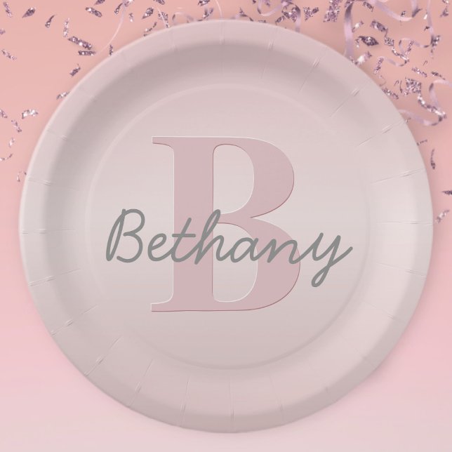 Cute Customizable Pink Monogram & Your Name Script Paper Plate (Creator Uploaded)