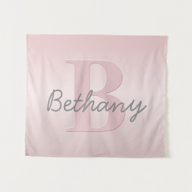 Cute Customizable Pink Monogram & Your Name Script Tapestry (Front (Horizontal))