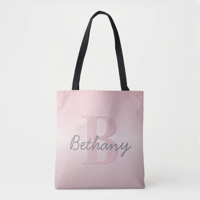 Cute Customizable Pink Monogram & Your Name Script Tote Bag (Front)