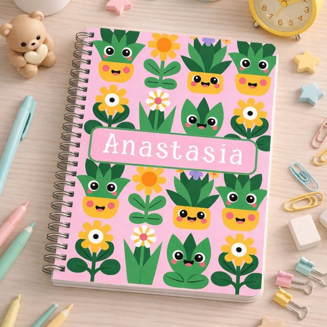 Cute Customizable Pot Plant Print Notebook (Cute, fun Kawaii inspired pot plant design.)