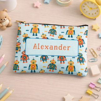 Cute Customizable Robot Print Accessory Pouch