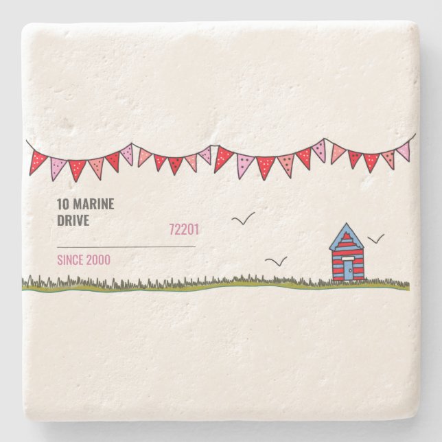Cute Customized Beach Hut Stone Coaster (Front)