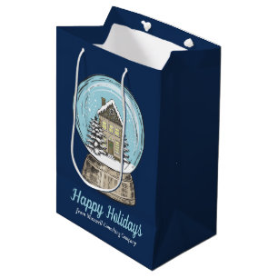Cute Customized Christmas Snow Globe Navy Blue Medium Gift Bag