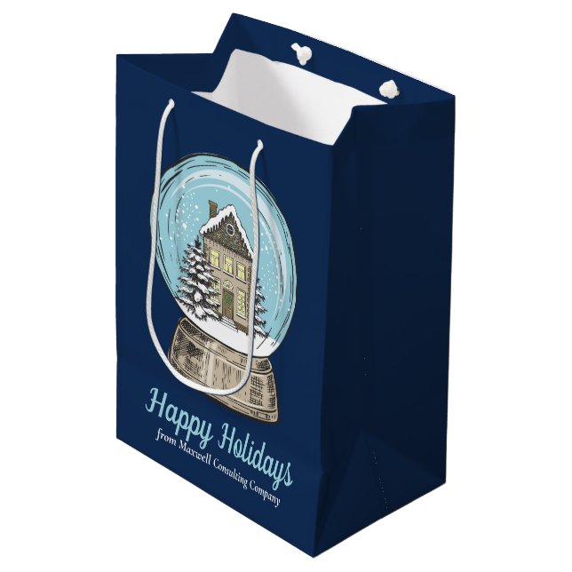 Cute Customized Christmas Snow Globe Navy Blue Medium Gift Bag (Front Angled)