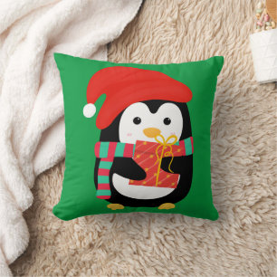Cute Customized Red Penguin Christmas Kids Throw Pillow