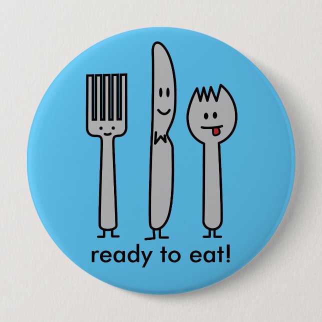 Cute Cutlery Utensils Fork Knife Spork Spoon Happy 4 Inch Round Button (Front)
