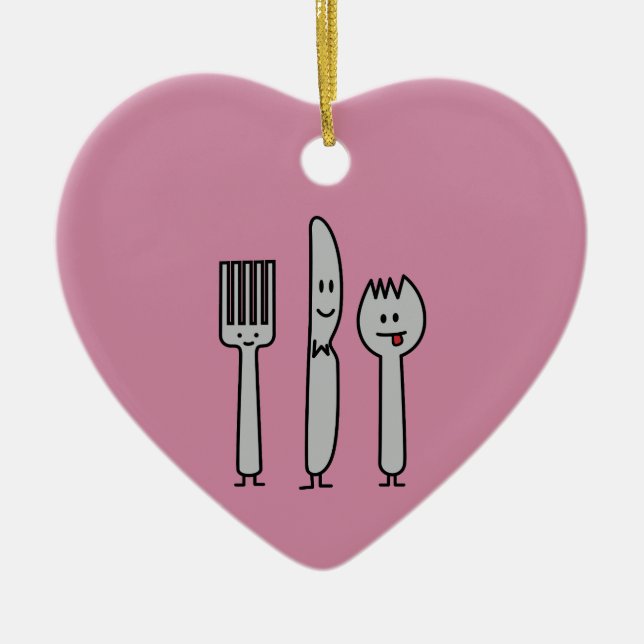 Cute Cutlery Utensils Fork Knife Spork Spoon Happy Ceramic Ornament (Front)