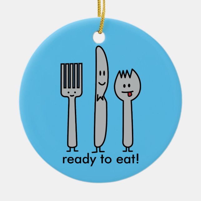 Cute Cutlery Utensils Fork Knife Spork Spoon Happy Ceramic Ornament (Front)