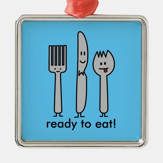 Cute Cutlery Utensils Fork Knife Spork Spoon Happy Metal Ornament (Front)