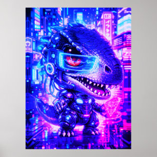 Cute Cyberpunk Dinosaur Neon City Chibi Wall Art